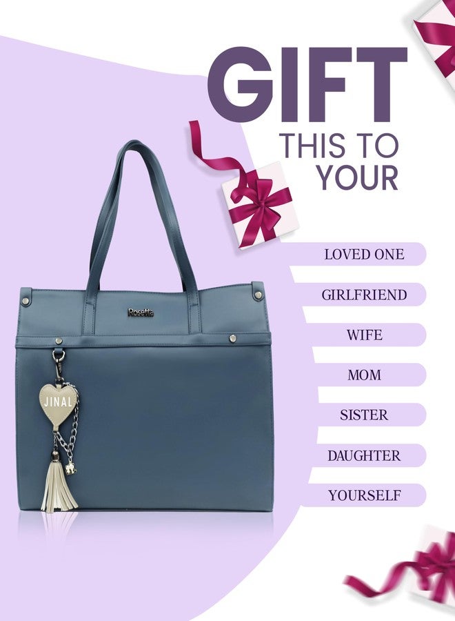 Rosetta Personalized Women's Name Tote Bag | Custom Engraved Name Charm | Premium Vegan Leather Office Handbag | Stylish Shoulder Bag for Work, Travel, Shopping (Blue) - Image 4